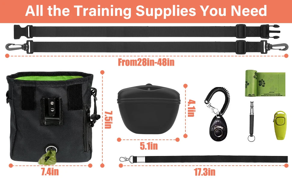 Kit de entrenamiento para perros: bolsa para premios, clickers, silbato silencioso, 2 en 1, guía, bolsas para excrementos