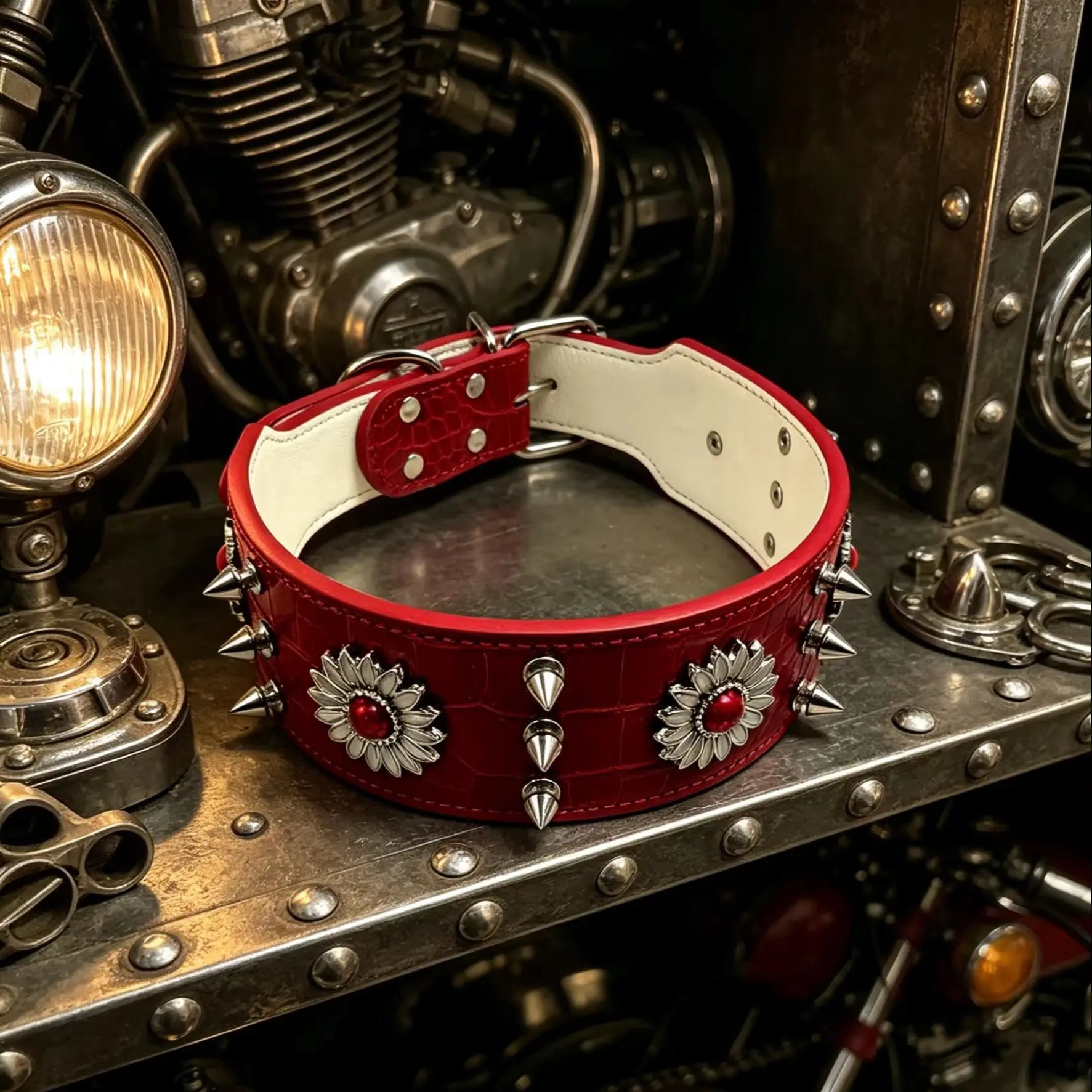 1 collar para perro con remaches, rojo, moderno, genial, estilo street punk, adecuado para salidas diarias y juegos.