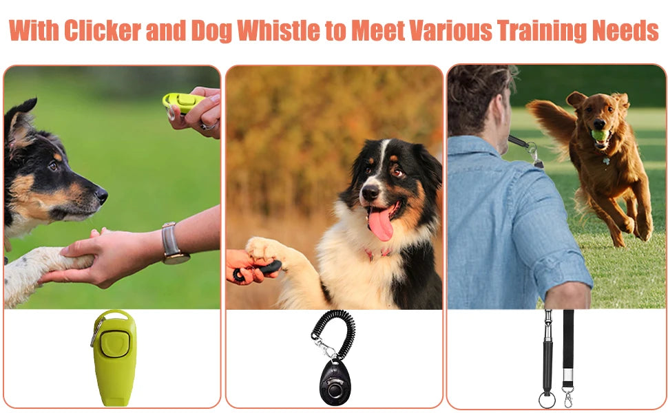 Kit de entrenamiento para perros: bolsa para premios, clickers, silbato silencioso, 2 en 1, guía, bolsas para excrementos