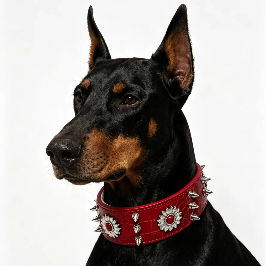 1 collar para perro con remaches, rojo, moderno, genial, estilo street punk, adecuado para salidas diarias y juegos.