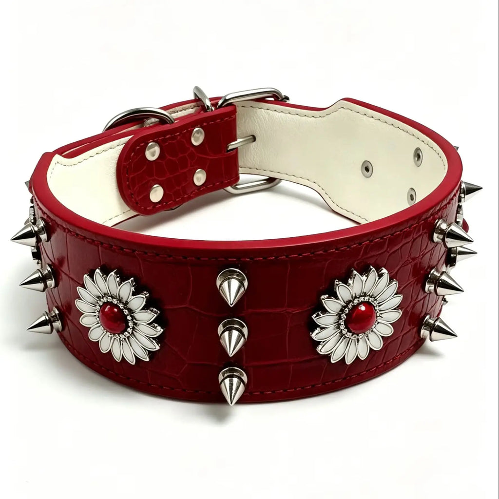 1 collar para perro con remaches, rojo, moderno, genial, estilo street punk, adecuado para salidas diarias y juegos.