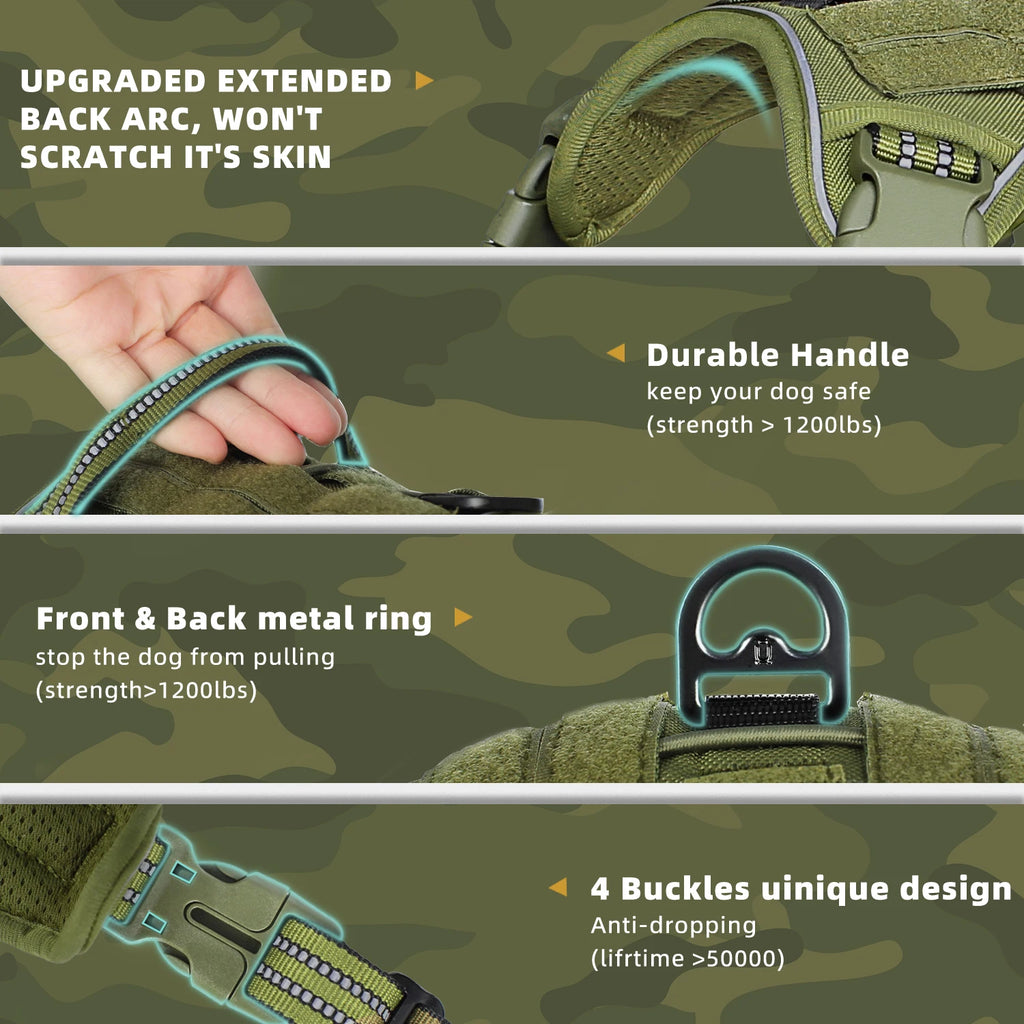 Arnés táctico para perros, arnés para perros sin tirones, arnés de chaleco MOLLE transpirable ajustable para perros medianos y grandes, militar reflectante