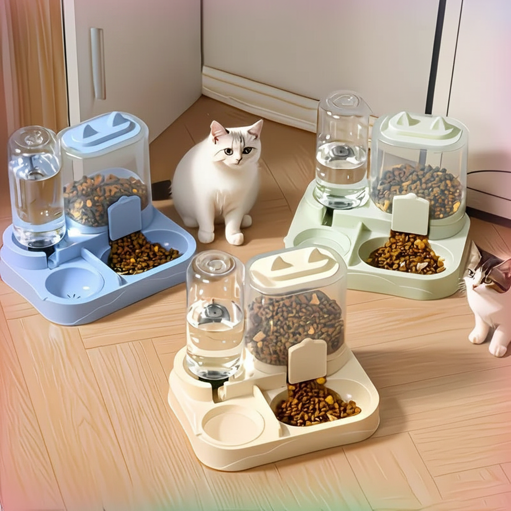 Unidad de Alimentación y Bebedero para Mascotas, Separa Comida Seca y Húmeda, Hecha de Plástico Resistente con Diseño Transparente, Sin Batería, para Gatos